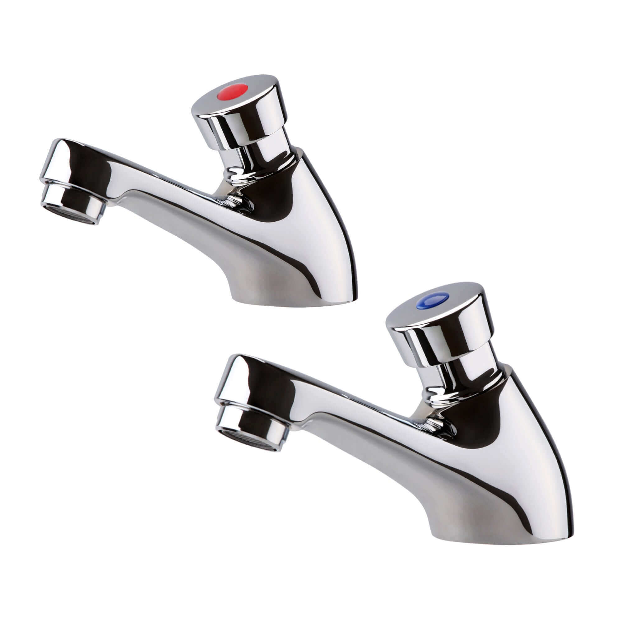 Buy Ergo non concussive twin hot & cold pillar basin taps time adjustable - chrome Online UK | HOUSE OF ENKI